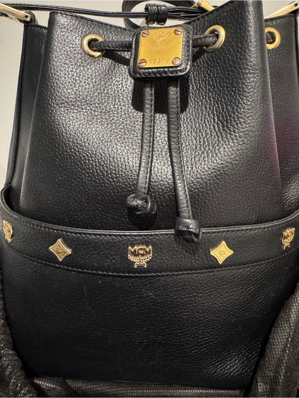 MCM Vintage Black Pebbled Leather Drawstring Bucket Bag made in Germany